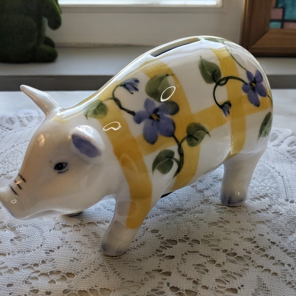 Other - Floral Piggy Bank with Yellow and Purple Design